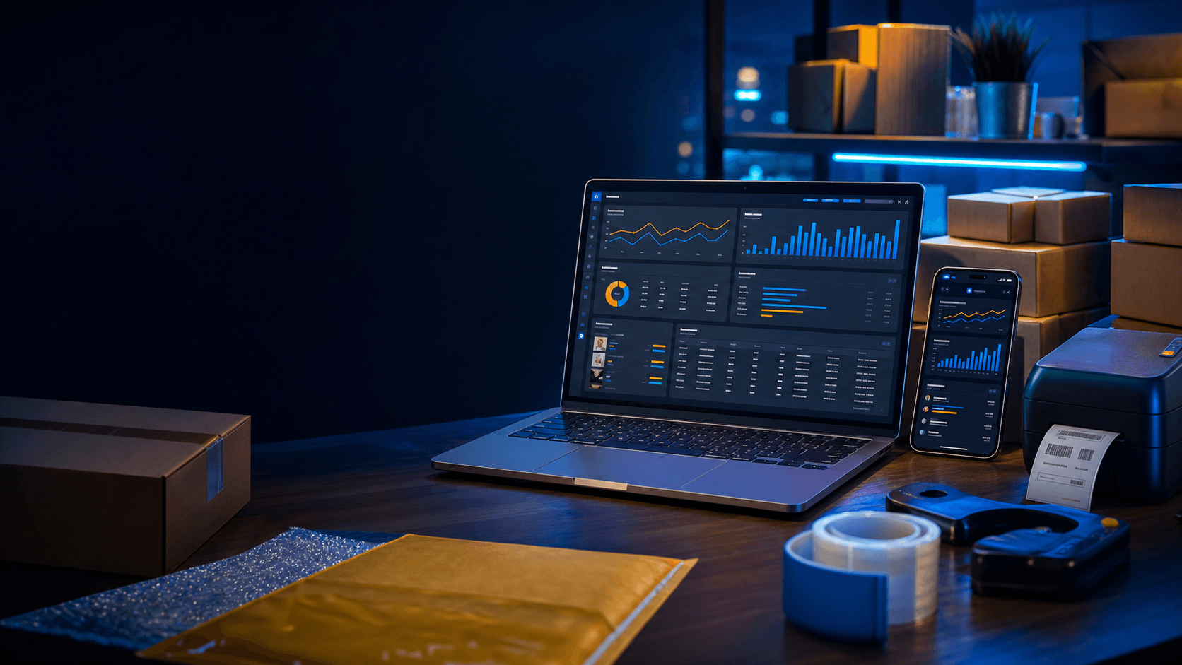 An online seller workspace with a laptop dashboard, shipping boxes, label printer, and mobile analytics
